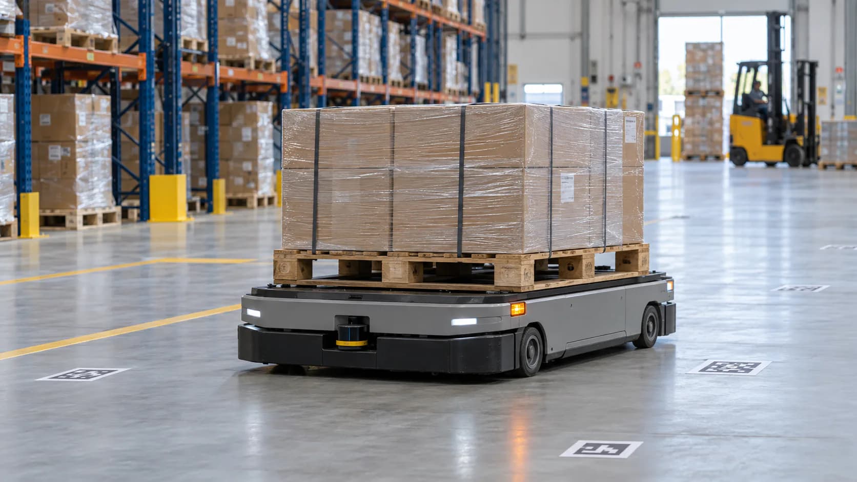 AGV elettrico con merce pallettizzata su pianale fisso in magazzino