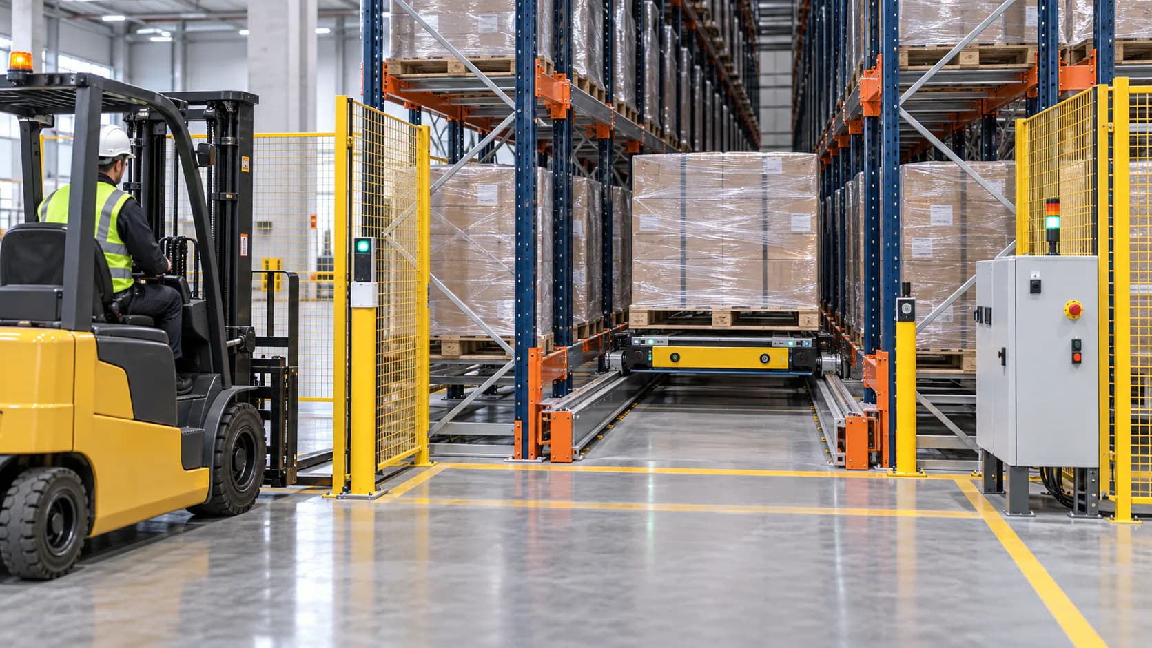 Navetta pallet elettrica in una scaffalatura ad alta densità